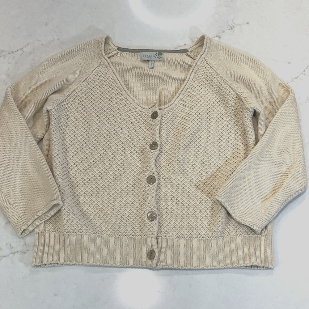 Sahalie Womens Medium Cropped Button Front Cotton Blend Knit Beige Cardigan